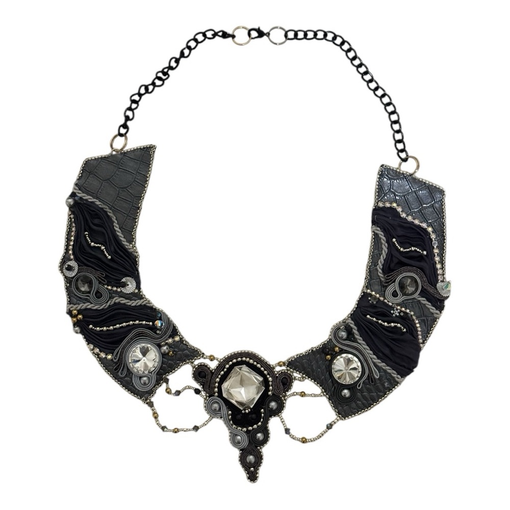 Multi Crystals Intricate Statement Necklace Black Gray Gold and Silver